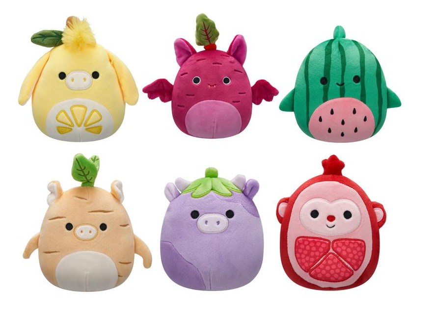Squishmallows Food Fusion 5-inch plush toys in assorted fruit and veggie inspired designs with embroidered details.