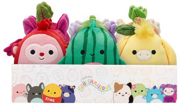 Squishmallows Food Fusion 5-inch plush characters in fruit and veggie mashup designs with embroidered details.