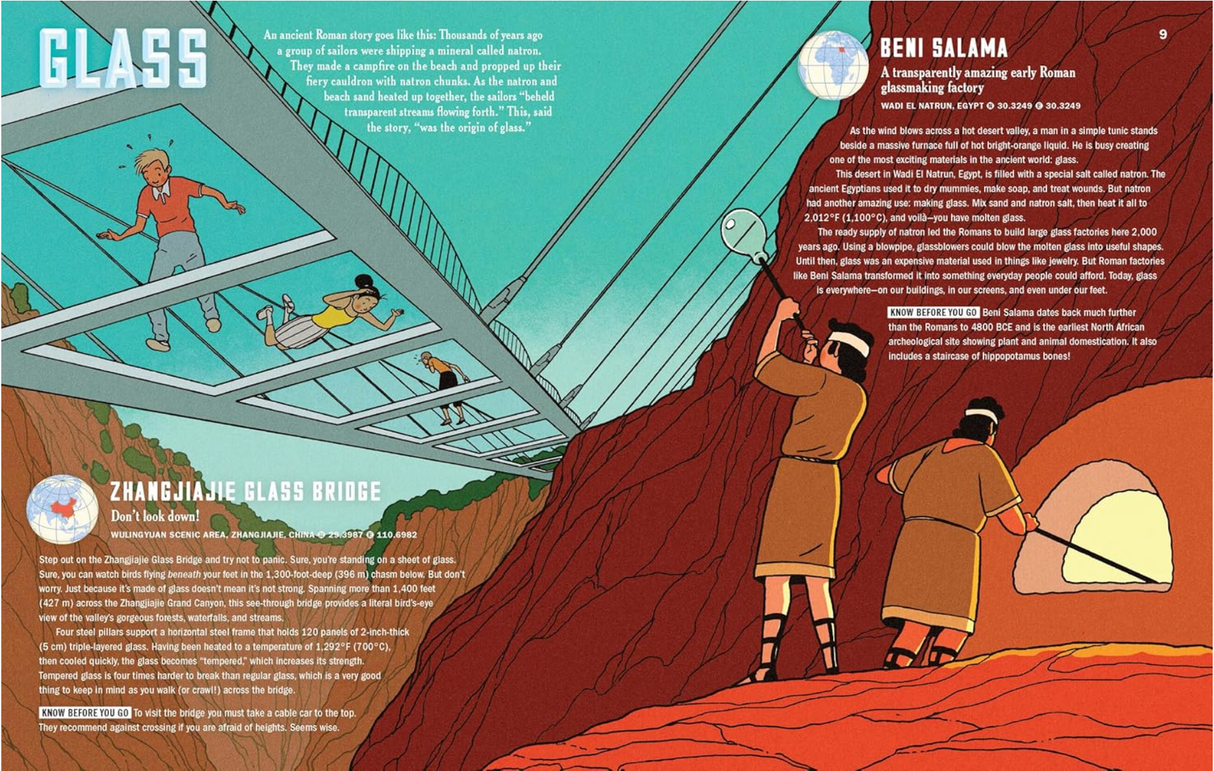 Atlas Obscura Explorer's Guide to Inventing the World showing illustrated history of glass and the Zhangjiajie Glass Bridge.