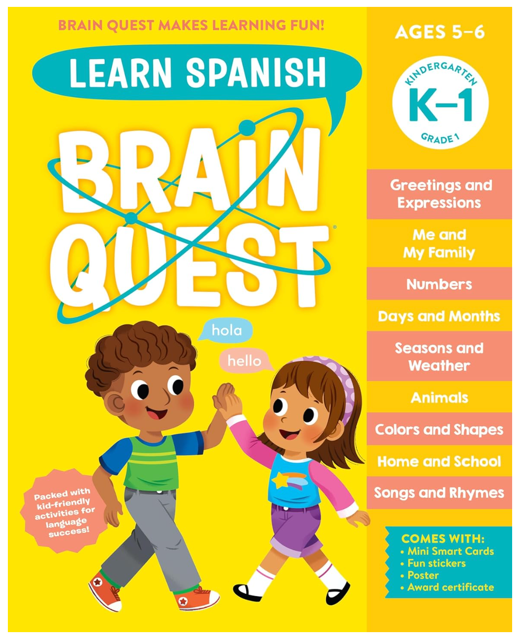 Brain Quest Learn Spanish Workbook cover showing kids learning greetings, numbers, animals, and more for ages 5-6.