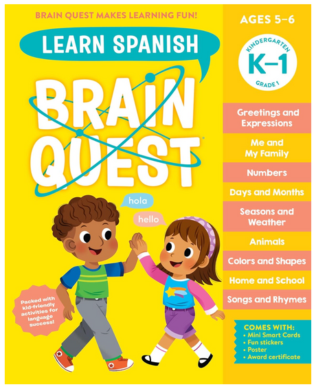 Brain Quest Learn Spanish Workbook cover showing kids learning greetings, numbers, animals, and more for ages 5-6.