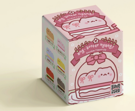 Pink box packaging featuring cute cat dessert-themed figure illustrations from the Ang Butter Cat Blind Box V.3 collection