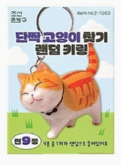 Cute orange and white cat keyring with playful expression on a grassy background in a blind box package