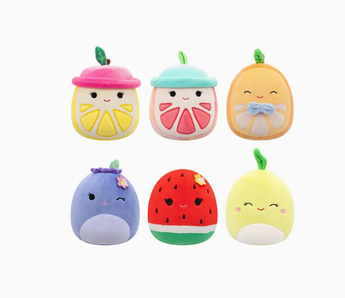 Six colorful scented food-themed soft plush toys with happy faces on a white background