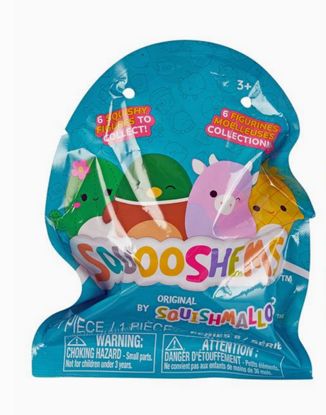 Colorful Squishmallows Squooshems mystery bag featuring six collectible soft foam figures for ages three and up
