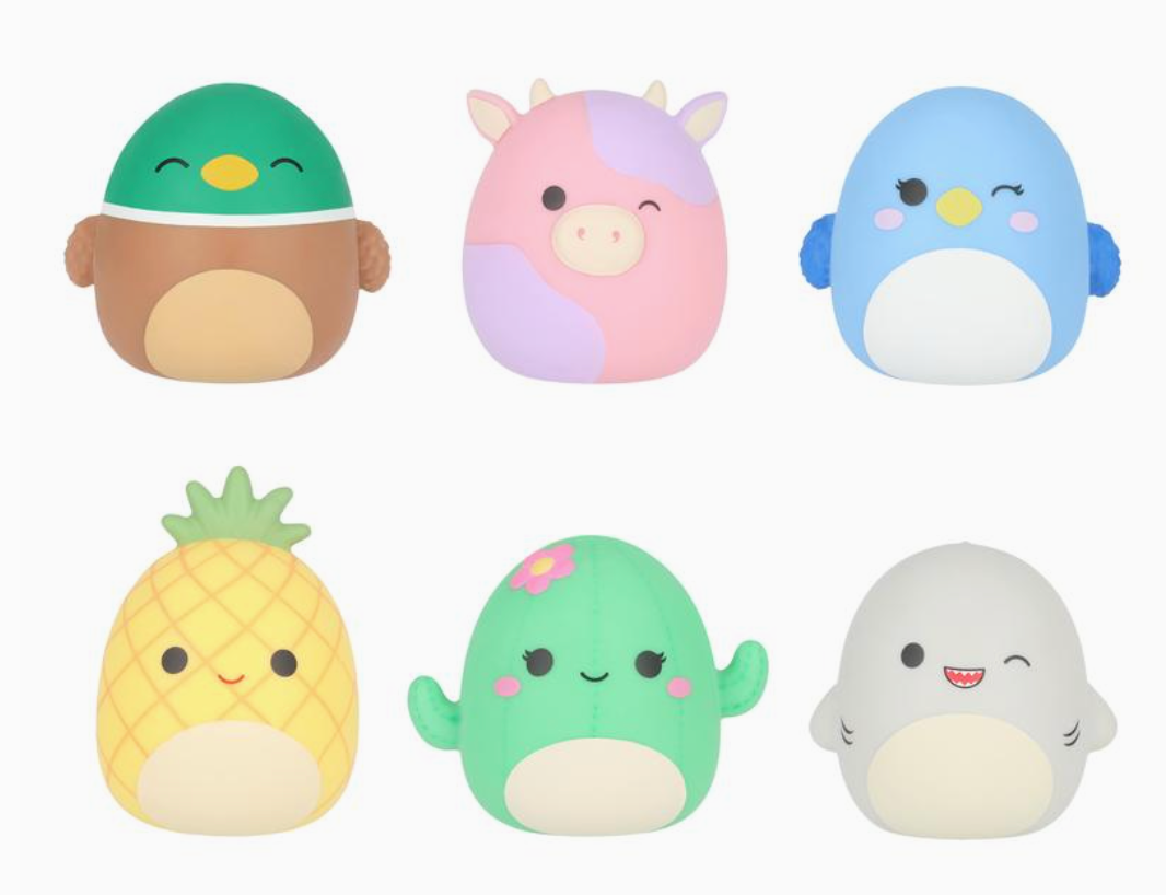 Six colorful Squishmallows Squooshems slow-rise foam figures including bird, unicorn, penguin, pineapple, cactus, and shark designs.