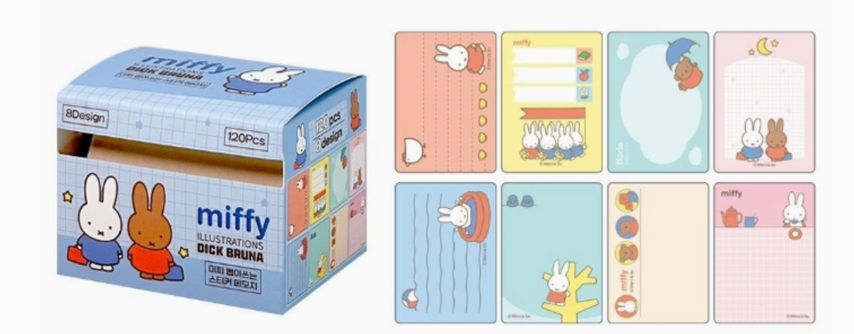 Miffy pull-out sticky notes roll with 8 cute designs featuring Miffy and friends in lined, grid, and memo styles