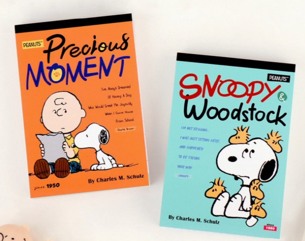 Two Peanuts mini notebooks featuring Charlie Brown with Snoopy and Snoopy with Woodstock on colorful vintage covers