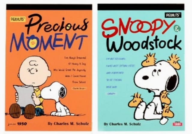 Two Peanuts mini notebooks featuring vintage comic covers with Charlie Brown, Snoopy, and Woodstock on colorful backgrounds