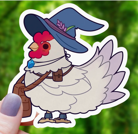Sticker of a whimsical chicken wearing a wizard hat and satchel, perfect for adding charm to laptops or notebooks