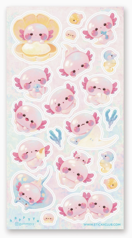 Cute pink axolotl stickers showing playful underwater adventures with sea creatures and ocean elements on a pastel background