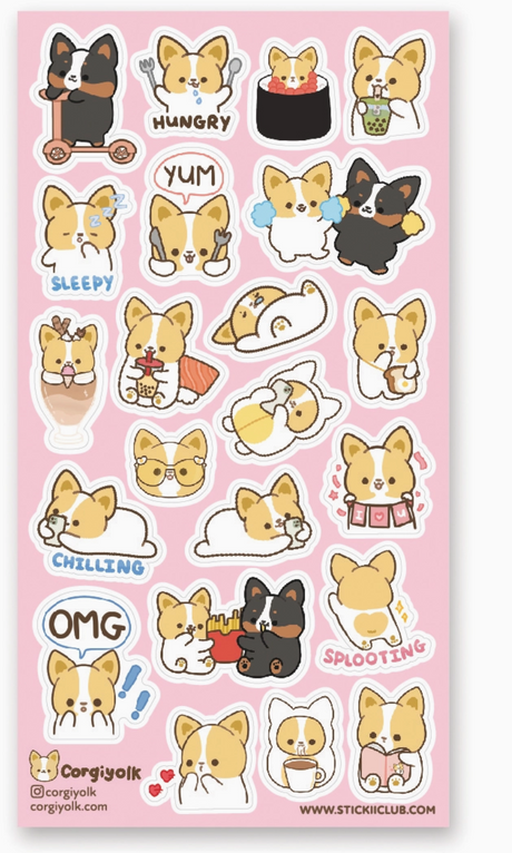 Colorful sticker sheet featuring cute corgi illustrations with various expressions and activities on pink background
