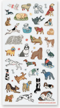 Sheet of colorful dog stickers featuring various breeds in playful and relaxed poses on a white background