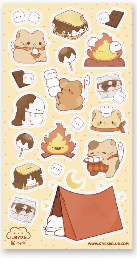 Cute illustrated stickers featuring hamsters, marshmallows, s’mores, campfire, and a cozy camping scene