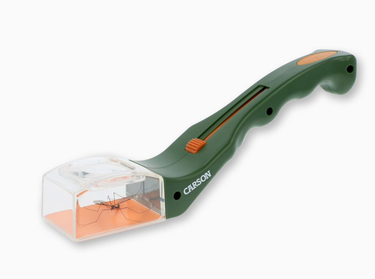 Bug catcher and magnifier tool for safely observing insects with ergonomic handle and clear viewing chamber