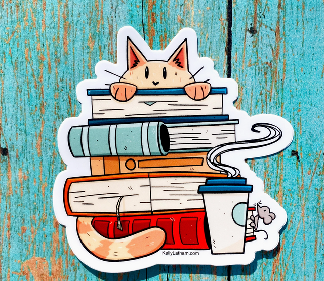 Sticker of an orange cat peeking over a stack of cozy books with a steaming cup and a small mouse on a blue wooden background