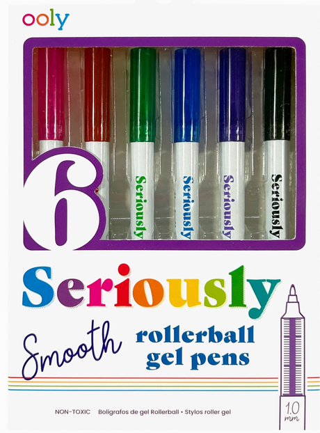 Set of six colorful Seriously Smooth rollerball gel pens with 1.0 mm nibs and washable, non-toxic ink for smooth writing.