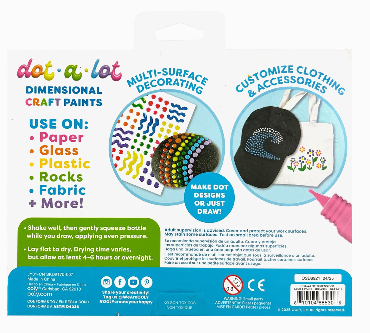 Ooly Dot-A-Lot Dimensional Craft Paints packaging showing multi-surface decorating ideas and customizable clothing designs