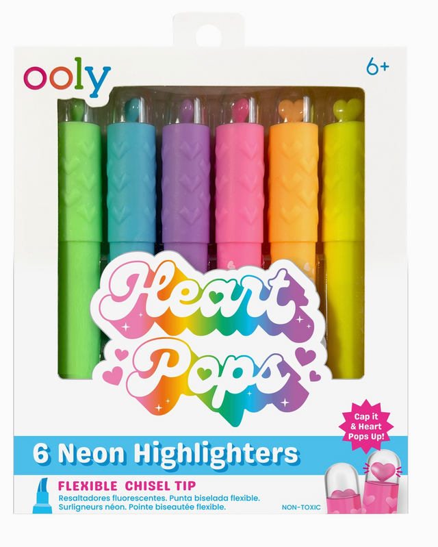 Set of six colorful neon highlighters with heart-shaped caps that pop up when clicked non-toxic and for ages six plus