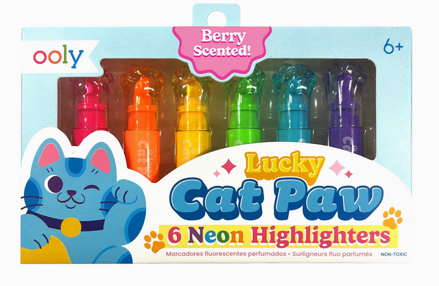 Set of six neon highlighters shaped like cat paws in bright colors, berry scented and safe for ages 6 and up