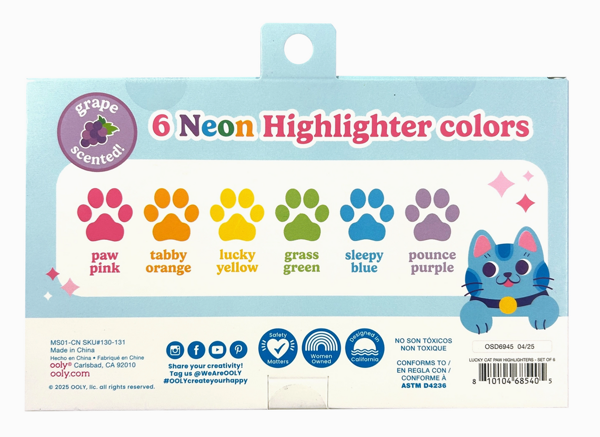 Six neon highlighter pens shaped like cat paws in vibrant pink, orange, yellow, green, blue, and purple colors