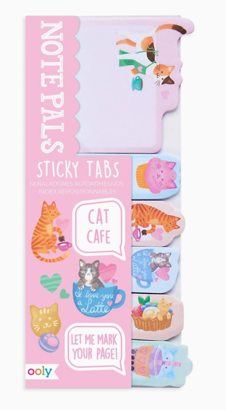 Set of colorful cat-themed sticky tabs designed as bookmarks with playful cafe-inspired illustrations and pastel colors