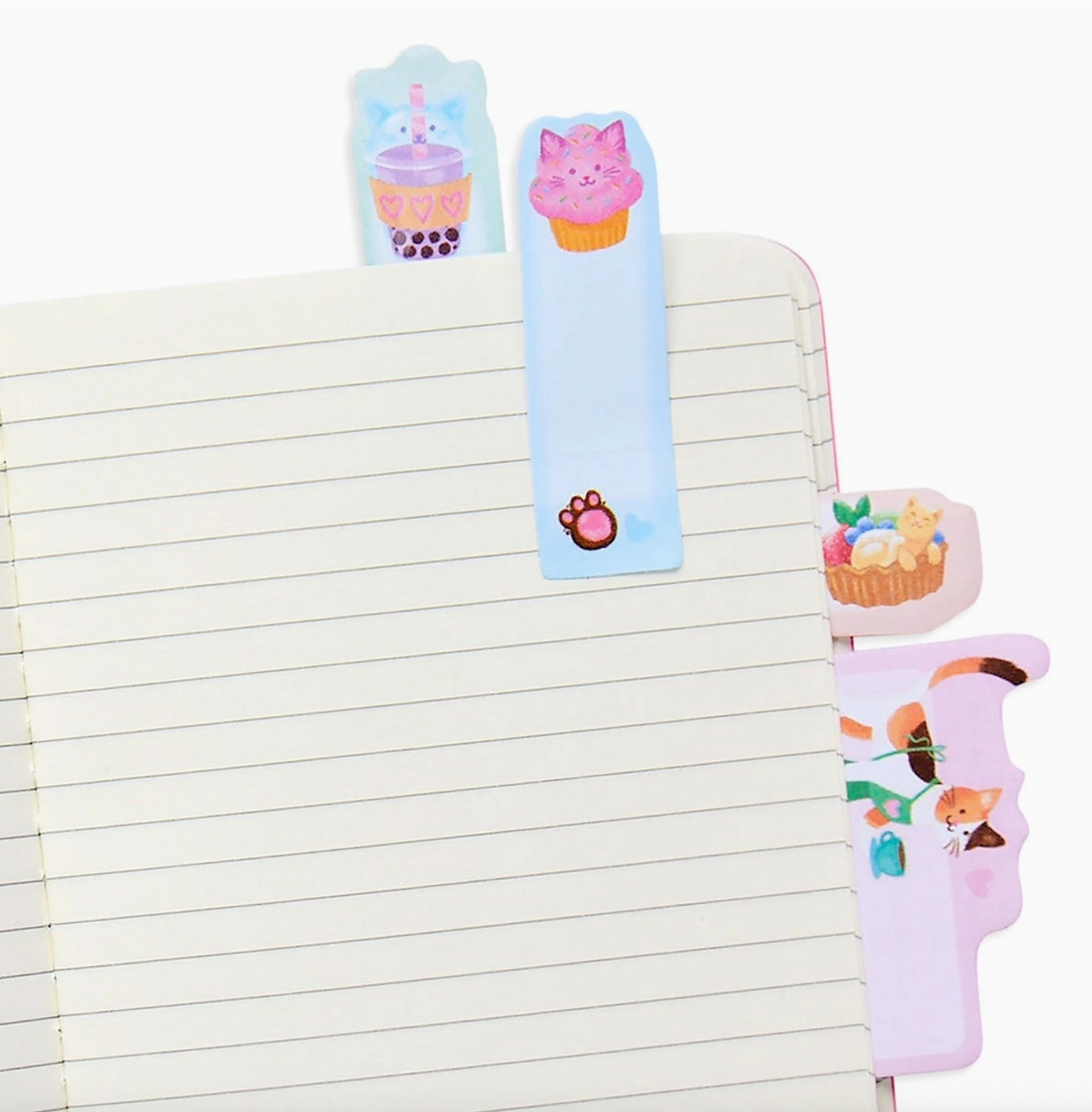 Colorful cat-themed sticky tabs used as page markers in a notebook for organizing notes and reminders
