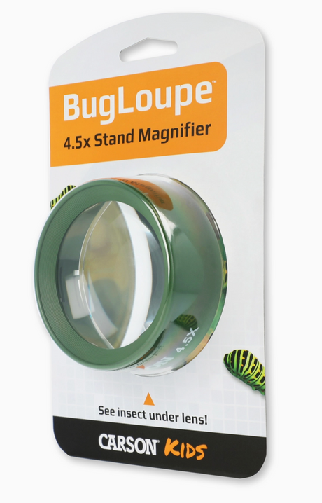 BugLoupe 4.5x stand magnifier in green, designed for kids to explore insects and nature hands-free.
