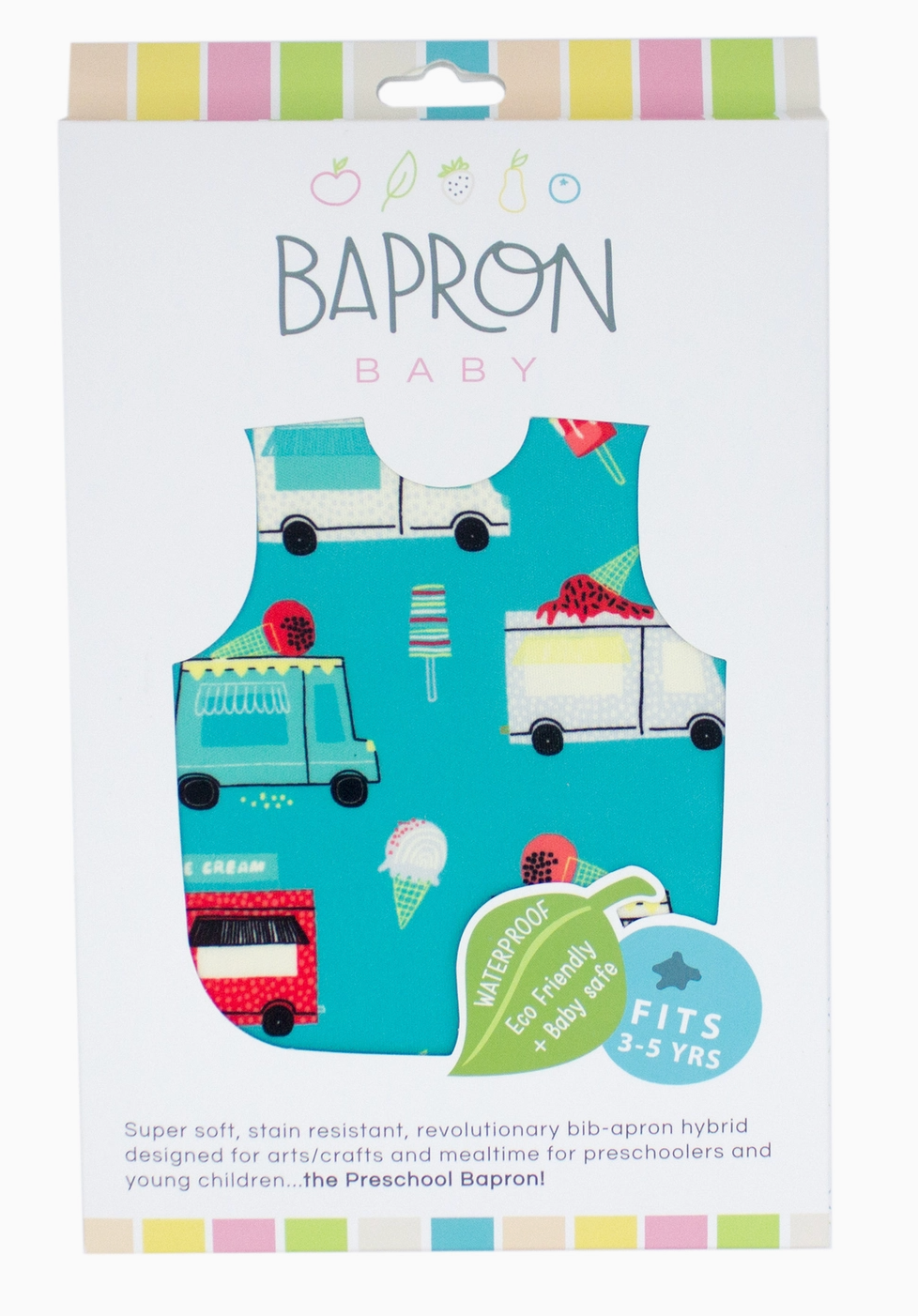Blue bib-apron for toddlers featuring colorful ice cream truck and popsicle designs, made from waterproof, baby-safe fabric