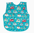 Blue toddler bib apron with colorful ice cream truck and popsicle print, made from waterproof, soft fabric