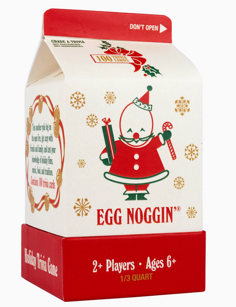 Festive milk carton packaging for Egg Noggin Christmas Trivia Game featuring holiday character and snowflake designs.