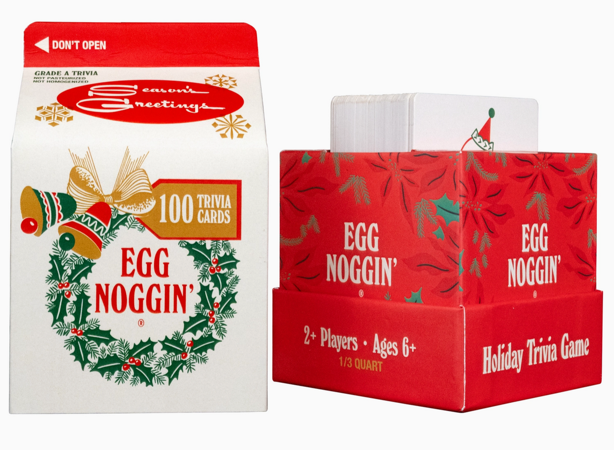 Egg Noggin Christmas trivia game in a festive milk carton with 100 holiday-themed trivia cards for ages 6 and up