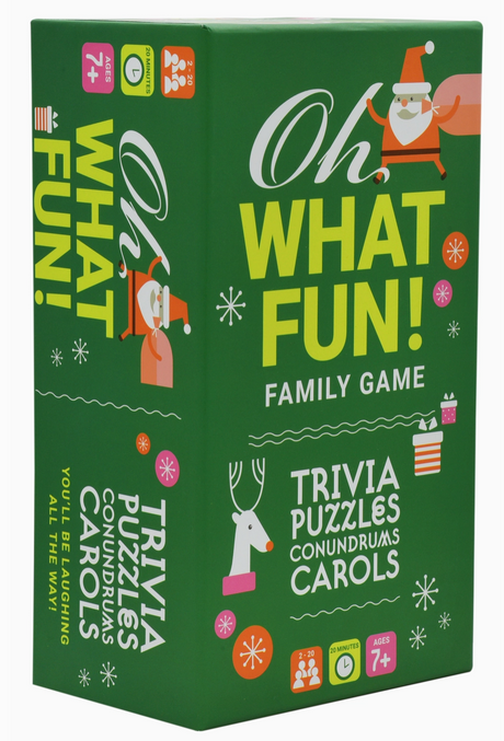 Green box of Oh What Fun family Christmas game with Santa, reindeer, and holiday icons on front and side panels