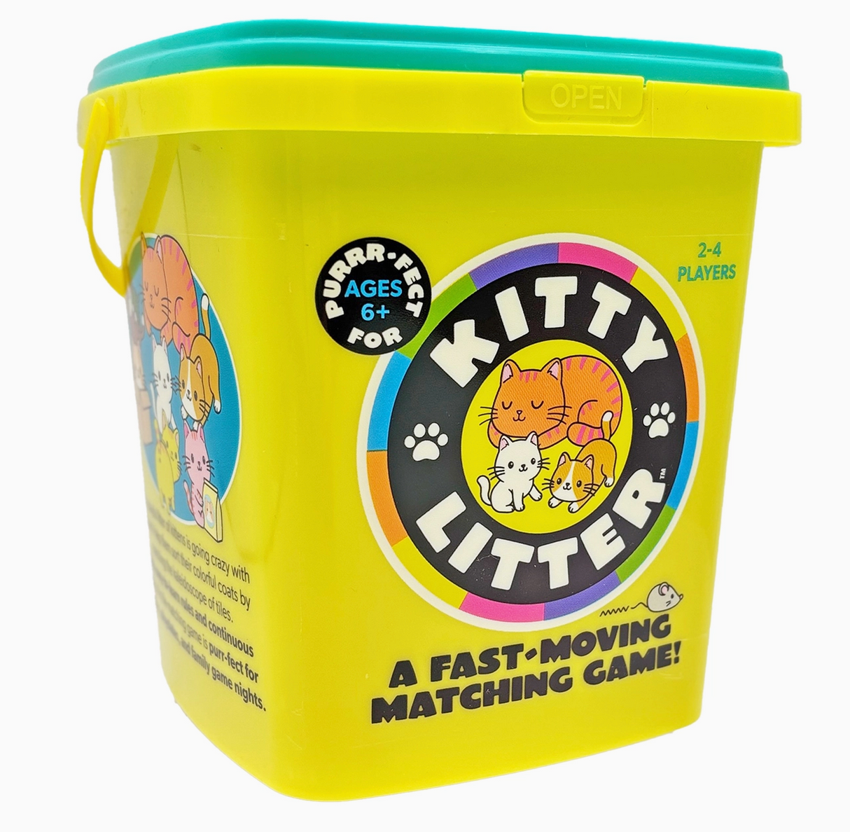 Yellow container resembling a kitty litter pail for a fast-moving matching game with colorful kawaii cats on the label