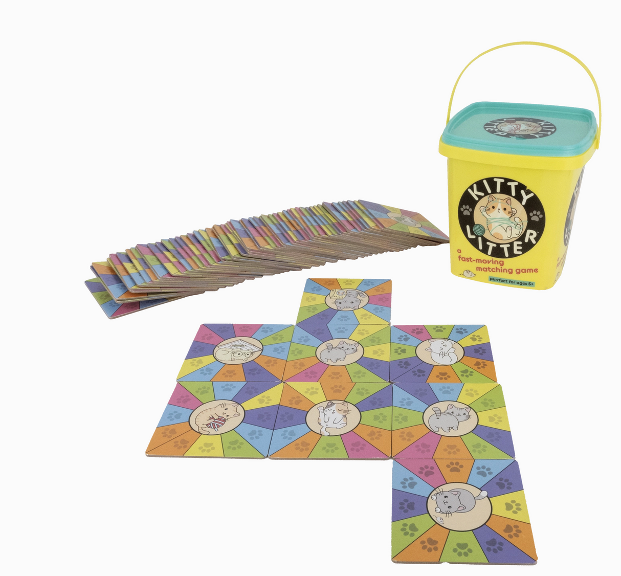 Kitty litter pail-themed matching game with colorful tiles featuring kawaii cats for quick, fun family play.