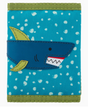Blue trifold kid’s wallet with appliquéd shark design and green trim, made from durable fabric with coin and mesh pockets