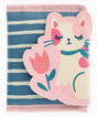 Kids trifold wallet with pink cat design, coin pocket, mesh pocket, and striped blue and white background.