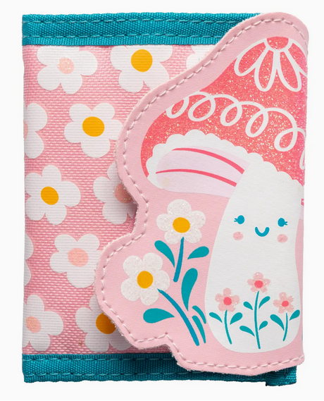 Pink trifold kid's wallet with smiling mushroom and flower appliqué design and blue trim edges