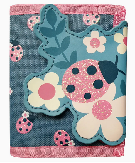 Kid’s trifold wallet with pink glitter ladybug and flower design on blue background with pink trim