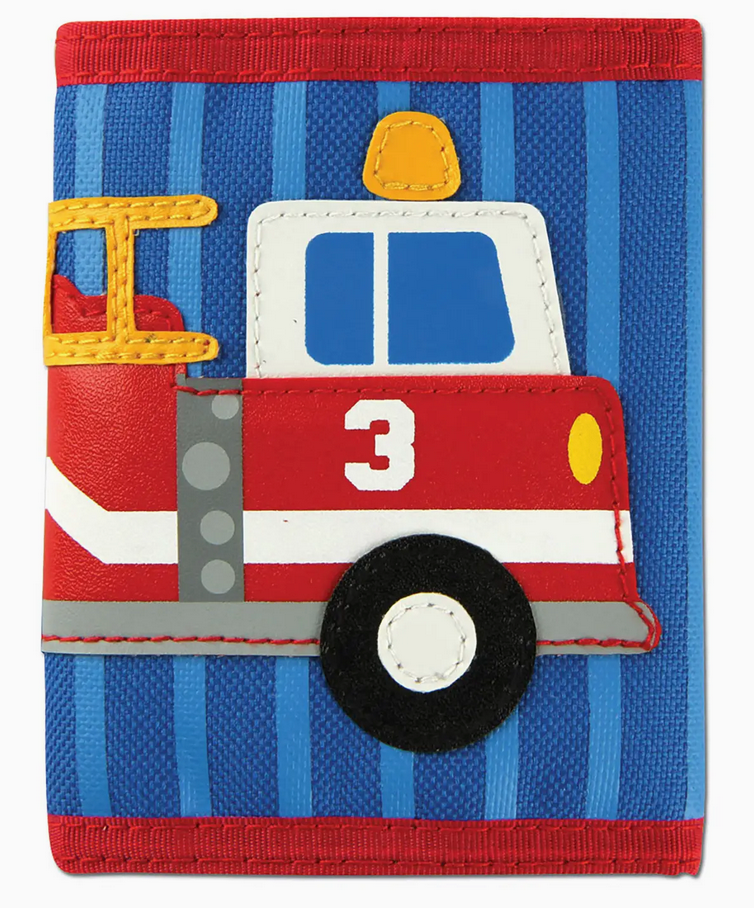 Colorful trifold kid’s wallet with appliquéd firetruck design on blue striped background and red trim