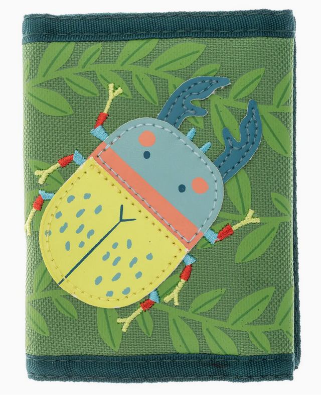 Tri-fold kids wallet in green with colorful bug appliqué and leaf pattern, compact and fun design for little treasures.