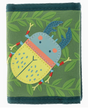 Tri-fold kids wallet in green with colorful bug appliqué and leaf pattern, compact and fun design for little treasures.