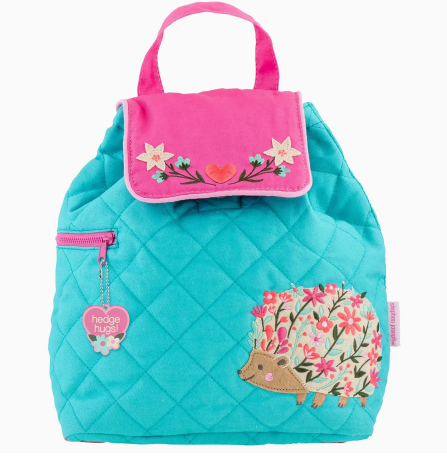 Bright quilted backpack with embroidered floral hedgehog design and pink flap for kids preschool or diaper use