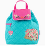 Bright quilted backpack with embroidered floral hedgehog design and pink flap for kids preschool or diaper use