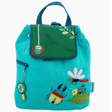 Quilted teal backpack with embroidered bugs, green flap, magnetic snap, and drawstring closure, perfect for preschool kids.