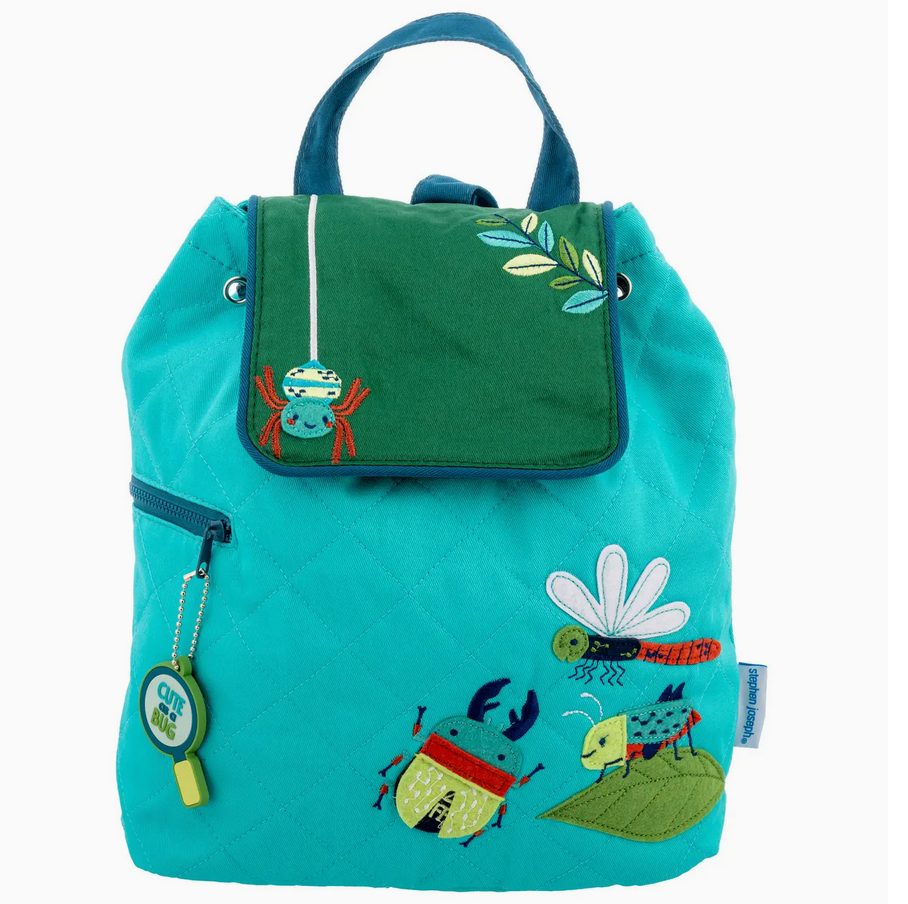 Quilted teal backpack with embroidered bugs, green flap, magnetic snap, and drawstring closure, perfect for preschool kids.