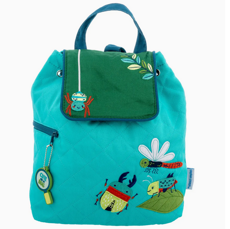 Quilted teal backpack with embroidered bugs, green flap, magnetic snap, and drawstring closure, perfect for preschool kids.
