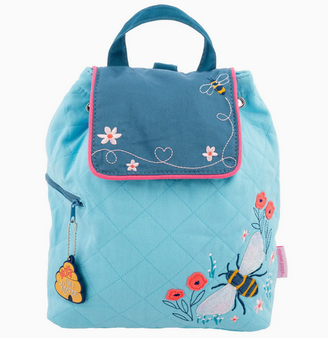 Quilted backpack in blue with embroidered bees and flowers, perfect for preschool and everyday use with magnetic snap closure