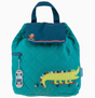 Teal quilted backpack with embroidered alligator on skateboard and bird detail on flap closure
