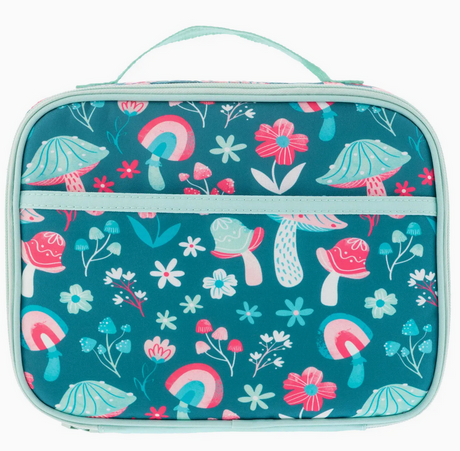 Junior lunchbox with colorful mushroom and flower pattern on teal background, insulated and durable design.